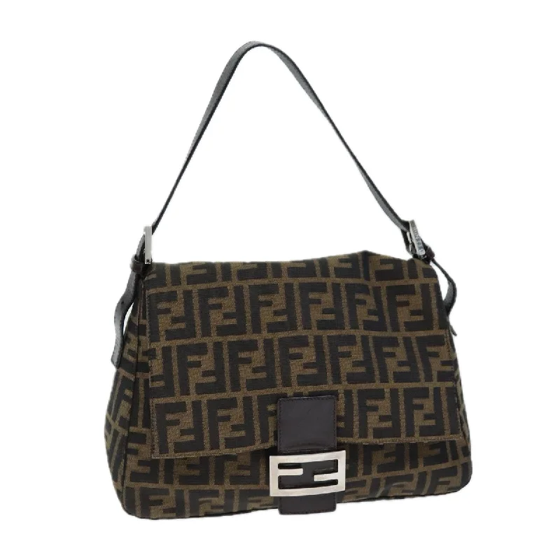 Fendi tote bags with a double - zip closure for enhanced securityFENDI Zucca Canvas Mamma Baguette Shoulder Bag Black Brown  yk12425