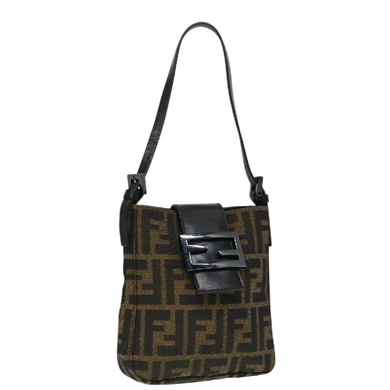 Fendi handbags with a glow - in - the - dark FF logo for a fun and unique featureFENDI Zucca Canvas Mamma Baguette Shoulder Bag Black Silver Brown  93258