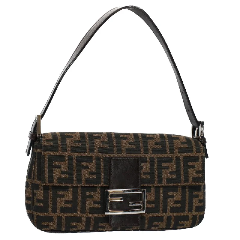 Fendi Baguette bags in a limited - edition colorway for a rare and exclusive lookFENDI Zucca Canvas Mamma Baguette Shoulder Bag Black Brown  ki3598