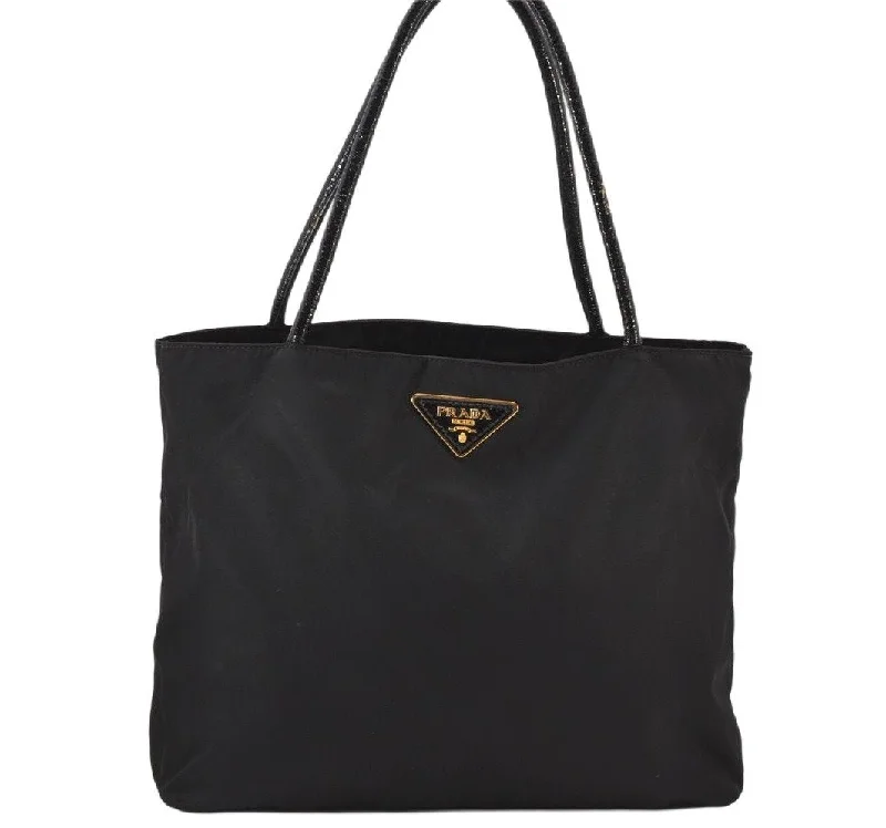 Prada bags with a snap - button closure and a decorative charm for a fashionable lookAuthentic PRADA Vintage Nylon Tessuto Enamel Shoulder Hand Bag Black 5742K