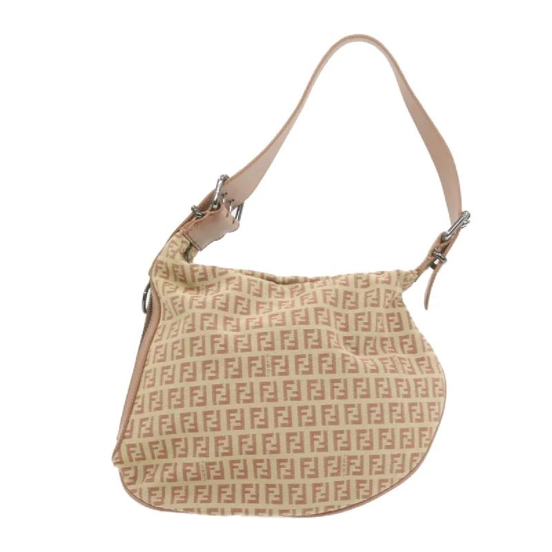 Fendi handbags with a glow - in - the - dark FF logo for a fun and unique featureFENDI Zucchino Canvas Shoulder Bag Pink Beige Auth am308b