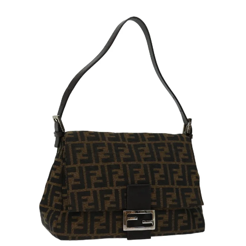 Fendi handbags with a metallic - finish FF logo for a bold and glamorous lookFENDI Zucca Canvas Mamma Baguette Shoulder Bag Black Brown  yk11309