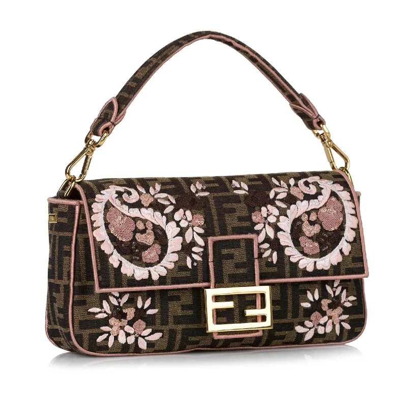 Fendi handbags with a holographic FF logo for a futuristic and trendy lookFendi Zucca Paisley Embroidery Baguette (SHG-35412)