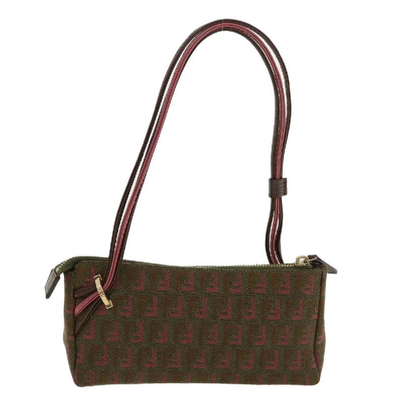 Medium - sized Fendi shoulder bags in rich, deep colors like burgundy for a sophisticated appearanceFENDI Zucchino Canvas Shoulder Bag Khaki Pink Auth am3639