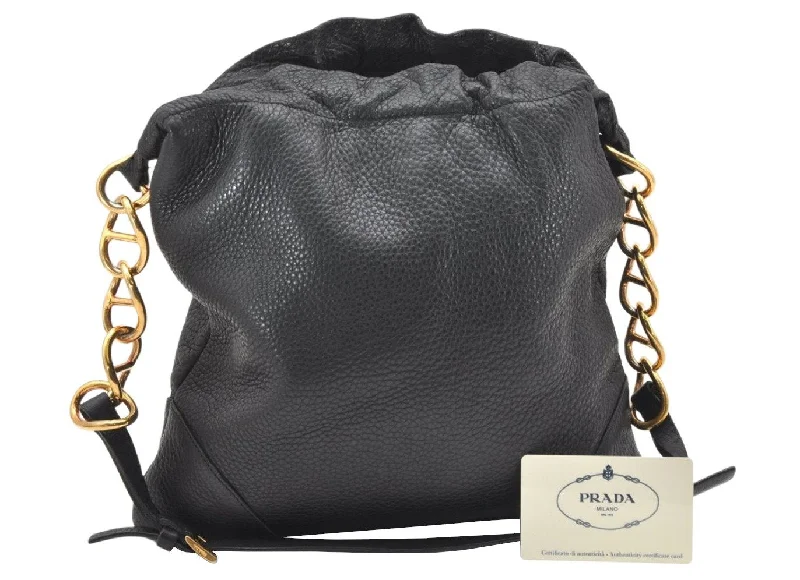 Prada Cleo bags with a curved shape and a chain - link shoulder strapAuthentic PRADA Leather Nappa Chain Shoulder Hand Bag Purse BT0082 Black 5911K