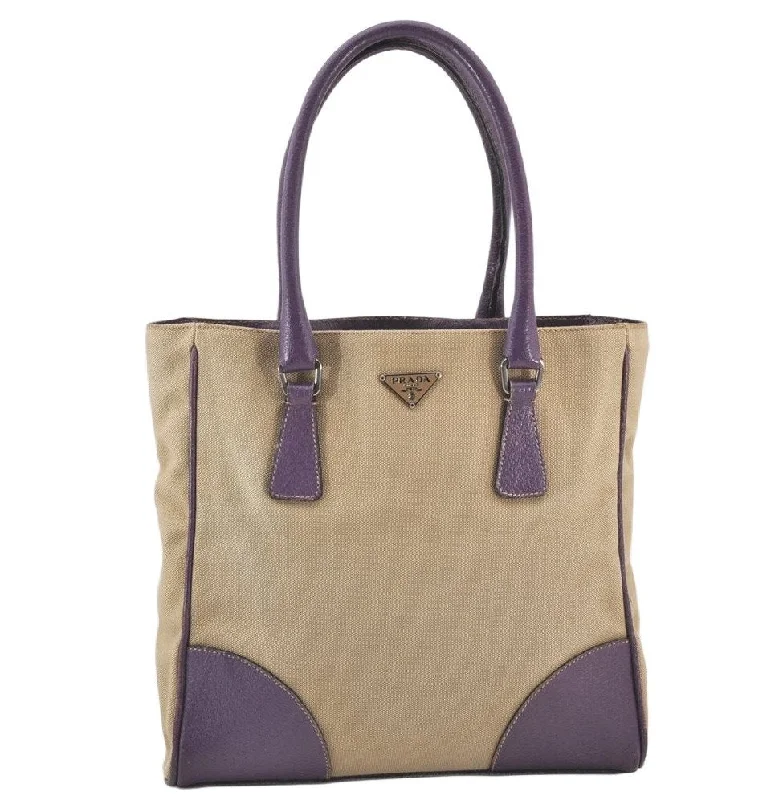 Prada Cleo bags with a crystal - embellished logo for added luxuryAuthentic PRADA Vintage Canvas Leather Tote Hand Bag Beige Purple 5878K