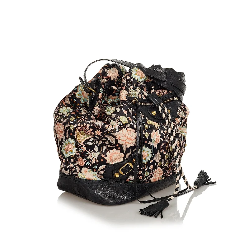 Elegant clutch bags for weddingsBalenciaga Floral Print Satin Bucket Bag (SHG-25724)