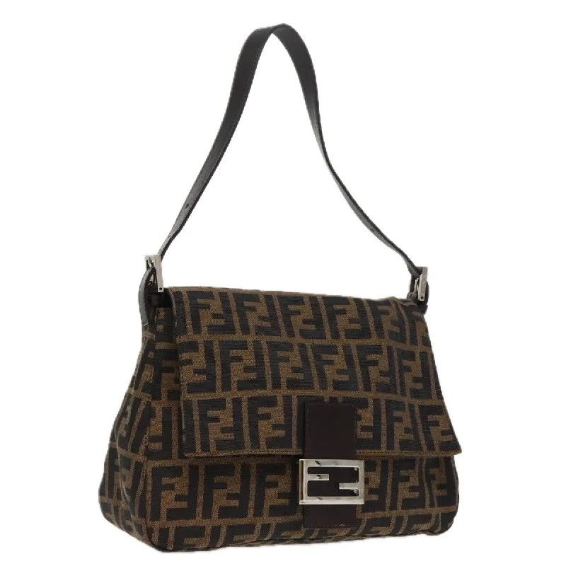 Fendi crossbody bags with a detachable ID holder for easy identificationFENDI Zucca Canvas Mamma Baguette Shoulder Bag Black Brown Silver  am7091A