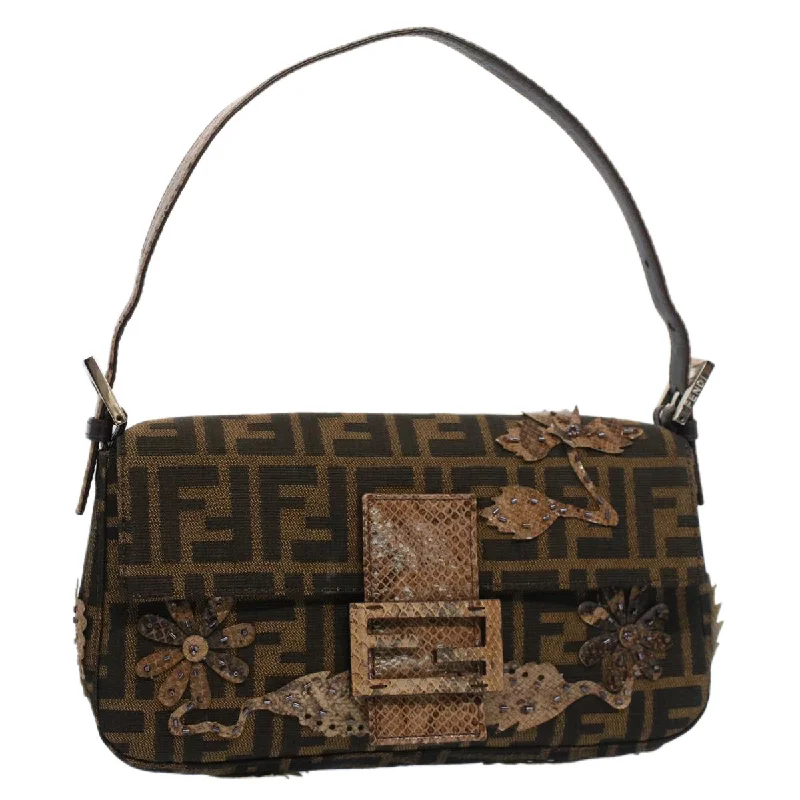 Fendi bags with a front - flap pocket and a turnlock for a classic and elegant aestheticFENDI Zucca Canvas Mamma Baguette Shoulder Bag Black Brown  bs7953