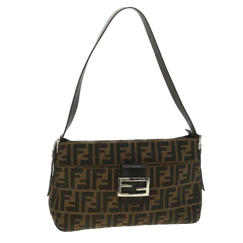 Fendi Baguette bags with a hand - embroidered floral design for a romantic and elegant touchFENDI Zucca Canvas Mamma Baguette Shoulder Bag Black Brown 222826566  38013