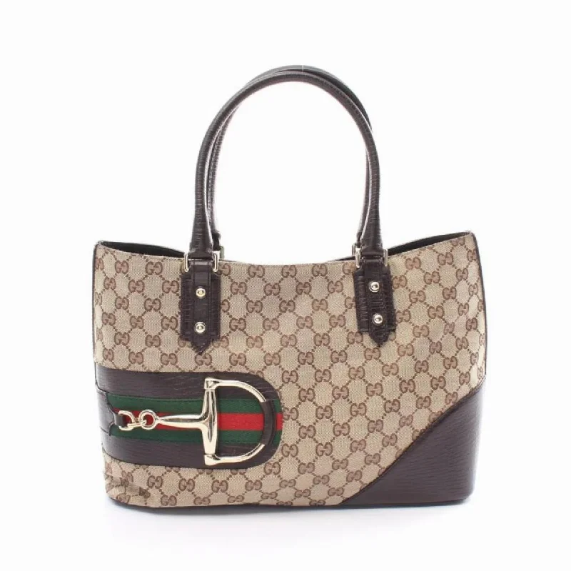 Women Gucci crossbody bags with a woven leather strapGucci Hustler Bit Sherry Line GG Leather Tote Bag Beige Dark Brown Multicolor