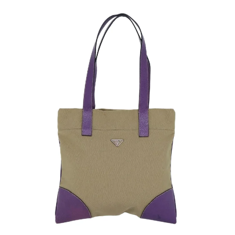 Prada handbags with a patent - leather finish for a shiny and sophisticated appearancePRADA Hand Bag Canvas Beige Purple Silver  86440