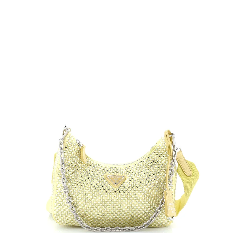 Designer bags with detachable strapsRe-Edition 2005 Shoulder Bag Crystal Embellished Satin Small