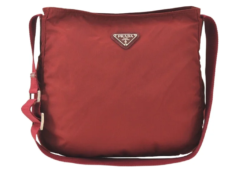 Small - sized Prada Saffiano leather bags for a compact and stylish carryAuthentic PRADA Nylon Tessuto Leather Shoulder Cross Body Bag Bordeaux 5998K