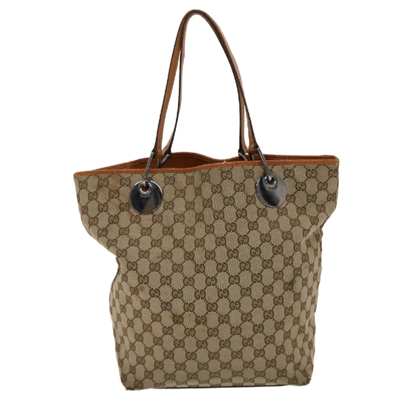 Women Gucci bags with a chain - link trim and a leather bodyGUCCI GG Canvas Tote Bag Canvas Leather Beige Brown 120836  49290