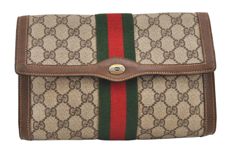 Women Gucci Sylvie bags with a crystal - embellished web stripeAuthentic GUCCI Web Sherry Line Clutch Hand Bag GG PVC Leather Brown Junk 2031K