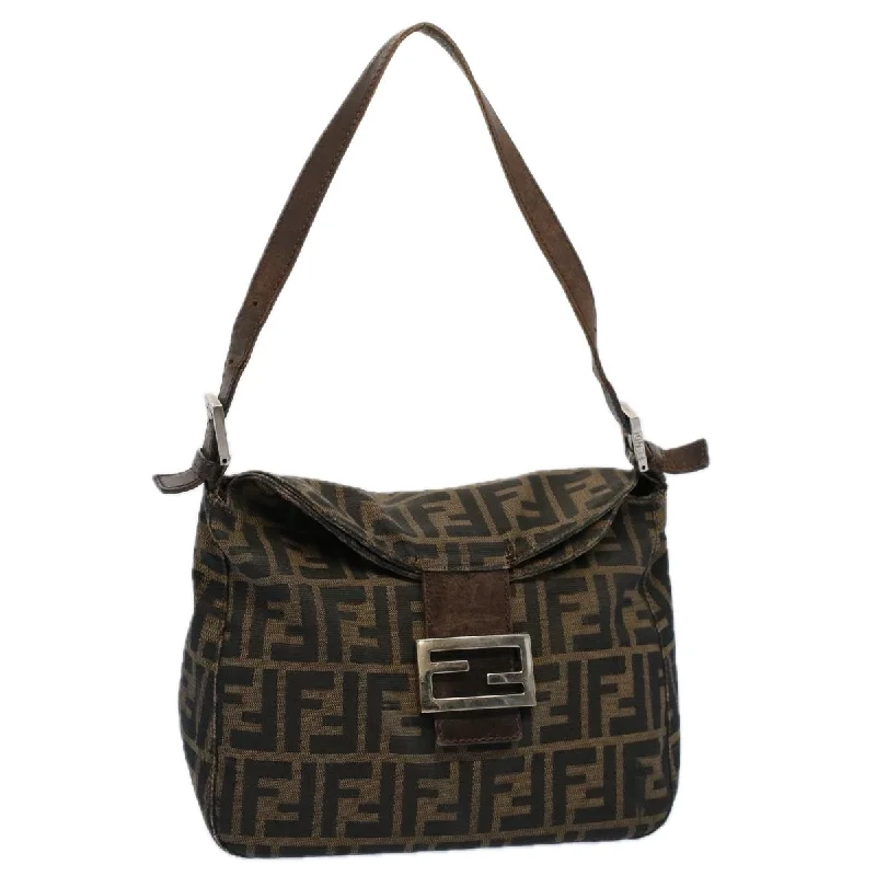 Fendi bags with a detachable mirror inside for quick touch - ups and groomingFENDI Zucca Canvas Mamma Baguette Shoulder Bag Black Brown  ep2428