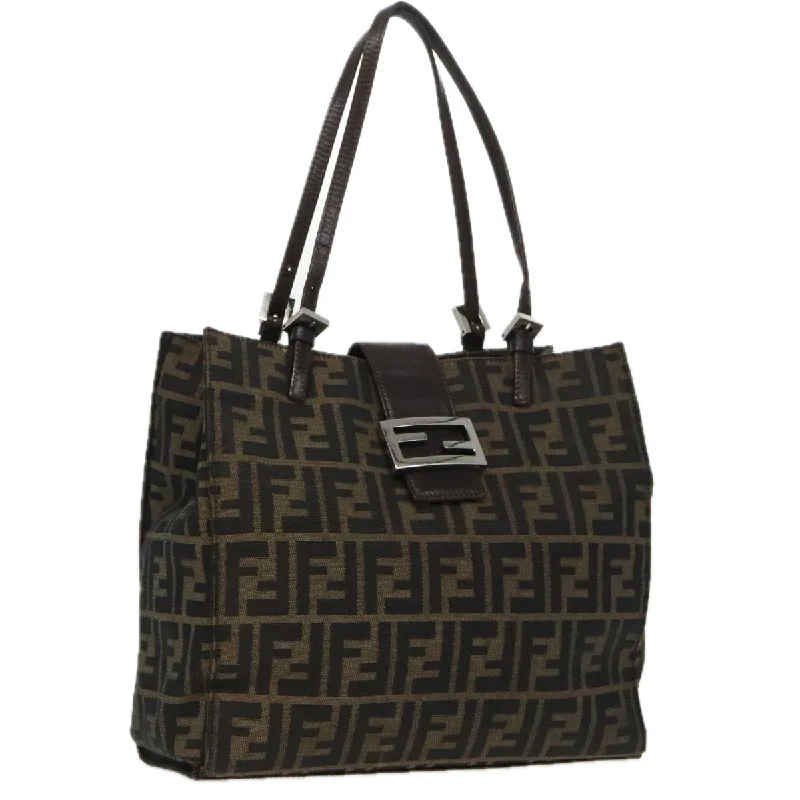 Fendi bags with a touch - screen - friendly pocket for using devices without taking them outFENDI Zucca Canvas Mamma Baguette Shoulder Bag Black Brown Silver  96636