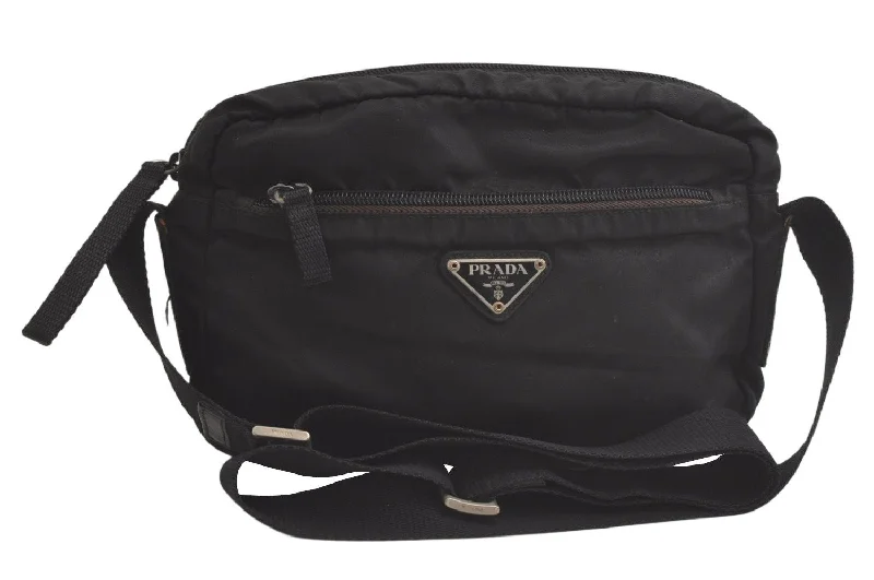 Prada bags with a front - flap pocket for quick access to essentialsAuthentic PRADA Nylon Tessuto Leather Shoulder Cross Body Bag Purse Black 5755K