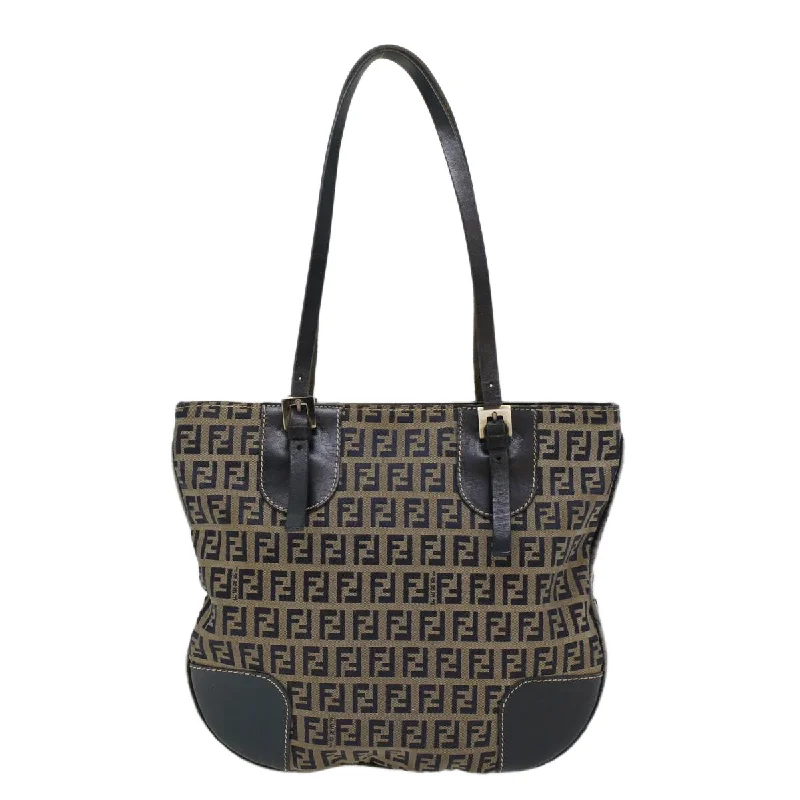 Fendi handbags with a metallic - finish FF logo for a bold and glamorous lookFENDI Zucchino Canvas Shoulder Bag Nylon Navy  48160