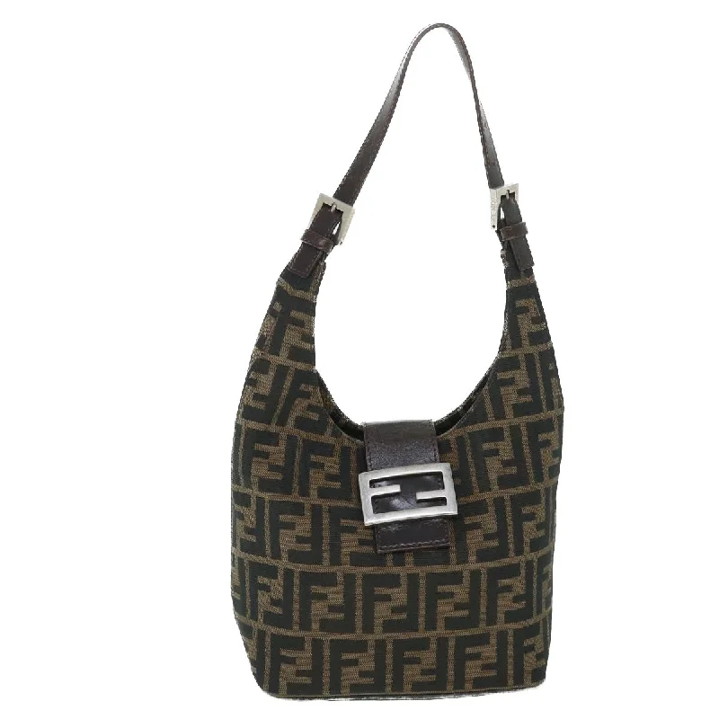 Fendi bags with a detachable mobile phone holder for on - the - go connectivityFENDI Zucca Canvas Mamma Baguette Shoulder Bag Black Brown  bs8308