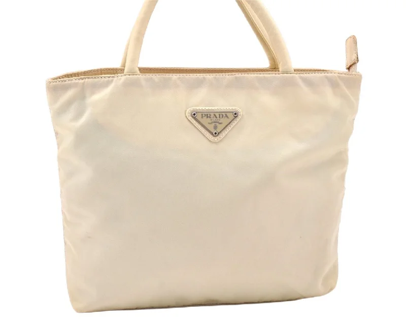 Prada Cleo bags with a crystal - embellished logo for added luxuryAuthentic PRADA Vintage Nylon Tessuto Tote Hand Bag White Cream 5657K