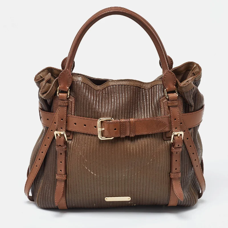 Mini bags for evening outTwo Tone Brown Leather Stitched Bridle Tote