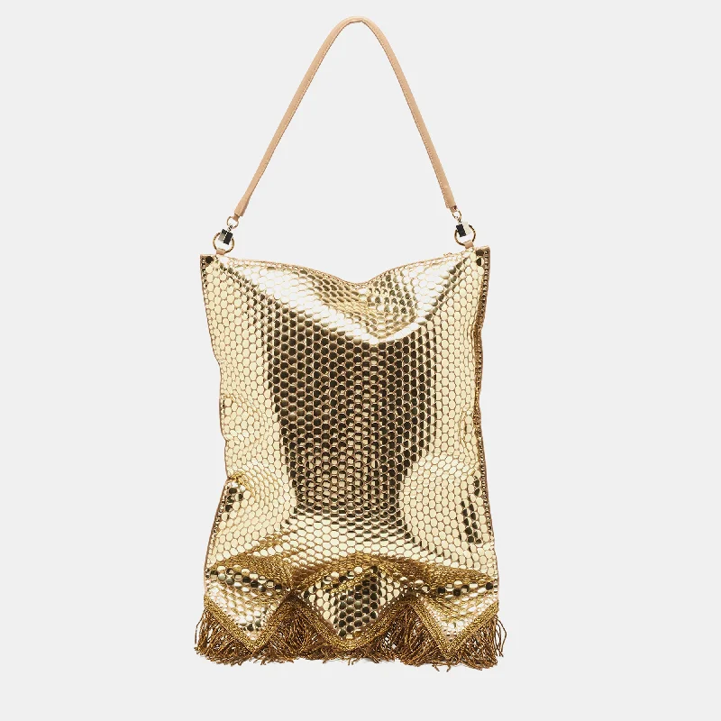 Mini bags for evening outGold Bullion Fringing Paillette-Embellished Satin Flag Bag