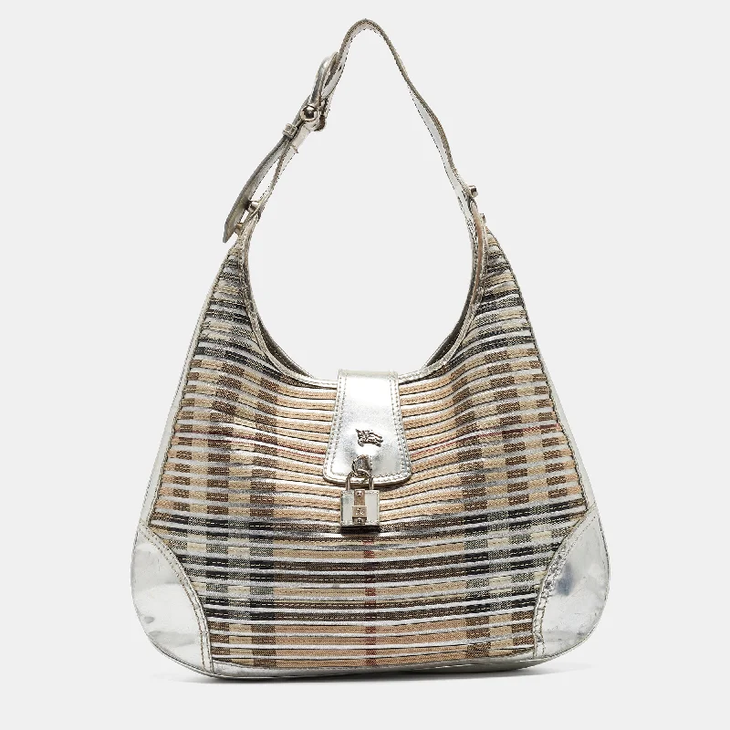 Luxury brand bags on saleSilver/Beige House Check Coated Canvas and Patent Leather Brooke Hobo