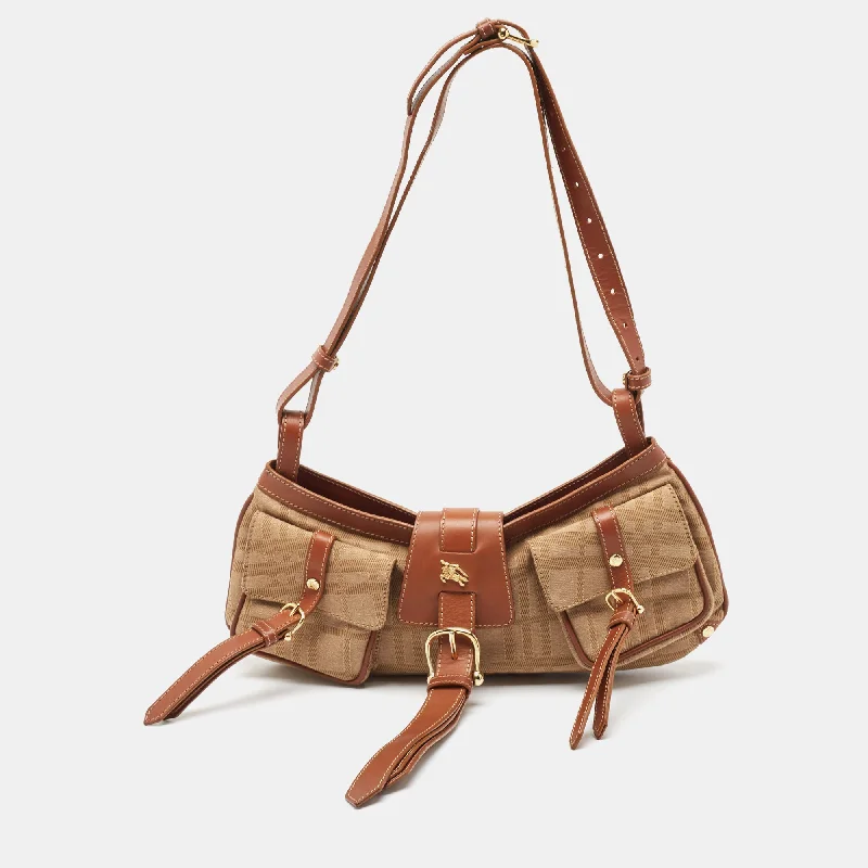 Compact crossbody bags for travelBeige/Brown Check Fabric and Leather Double Pocket Shoulder Bag