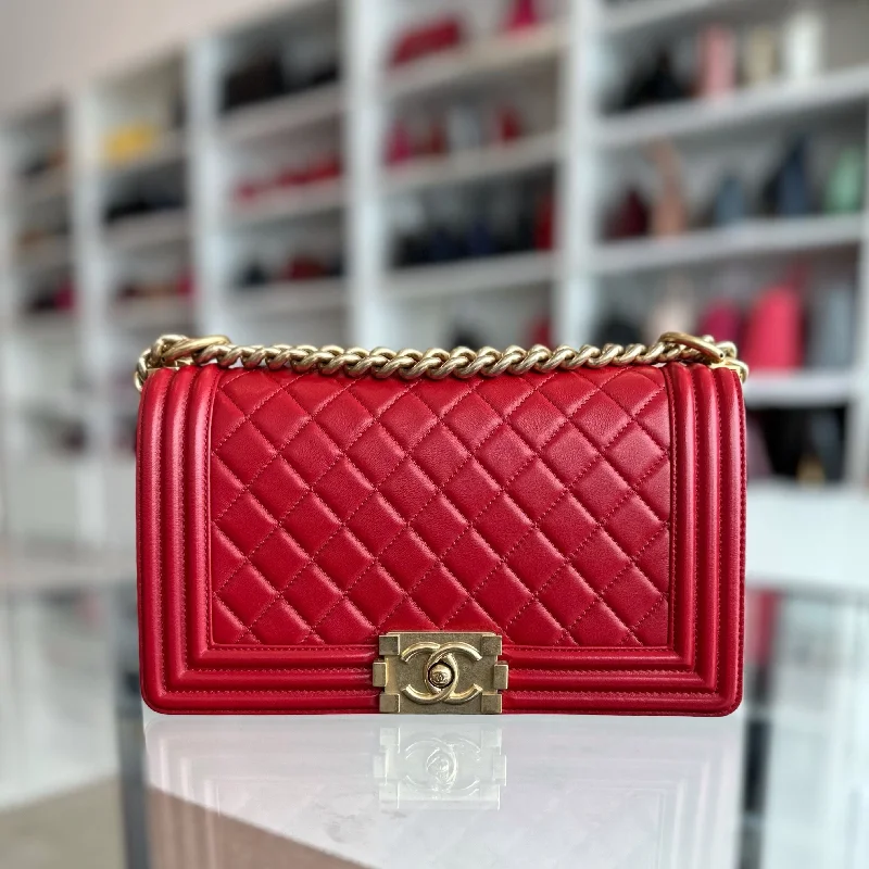 Chanel leather bags for everydBoy Old Medium 25CM Lambskin Leboy Red GHW No 21