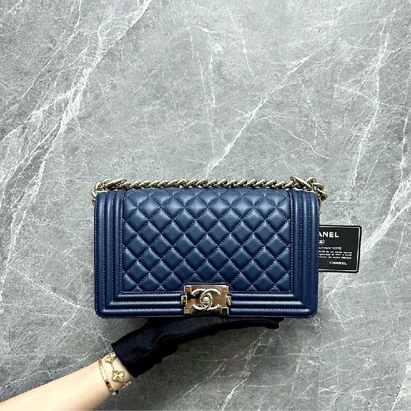 Chanel Classic Flap Bag for Evening PartyBoy Old Medium Lambskin Dark Blue LGHW No 27