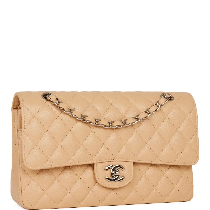 Chanel bags with chain and leather strap combinationsChanel Medium Classic Double Flap Bag Beige Caviar Silver Hardware