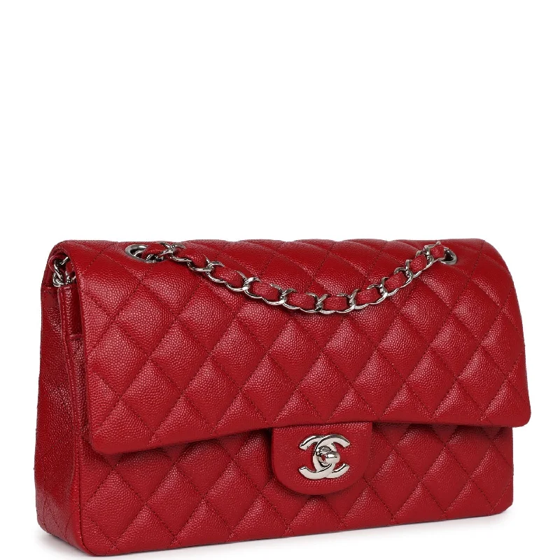 Chanel bags available in bold colors and patternsChanel Medium Classic Double Flap Dark Red Caviar Silver Hardware