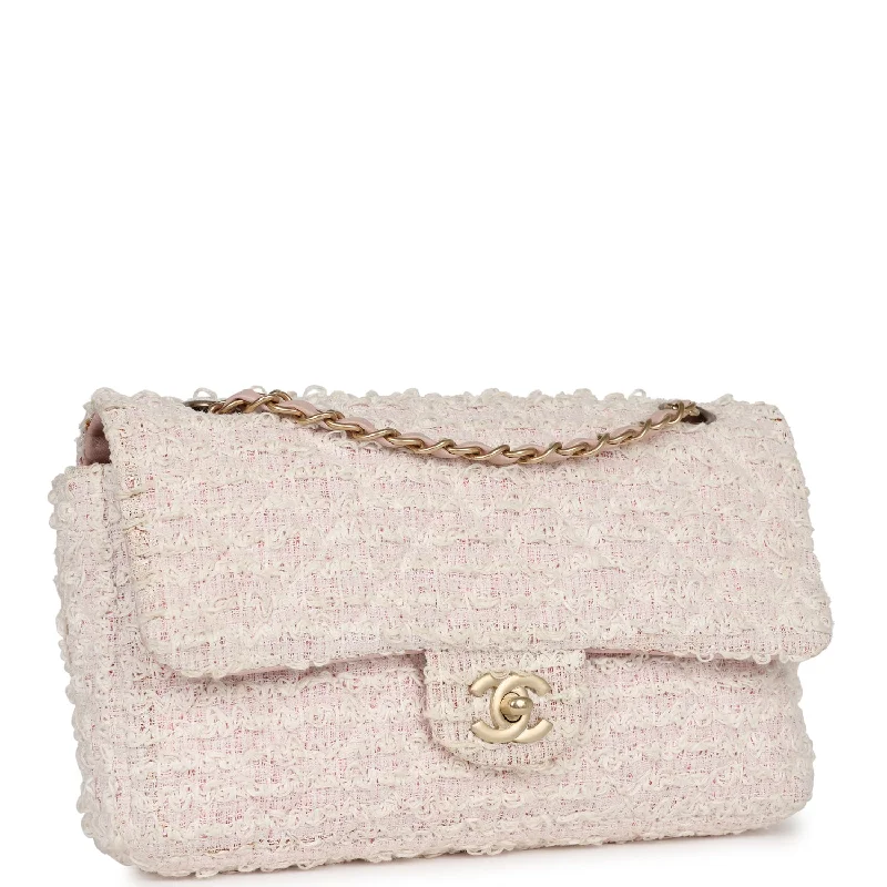 Chanel Chain Strap Handbag for Everyday UseChanel Medium Single Flap Bag Pink and White Tweed Brushed Gold Hardware