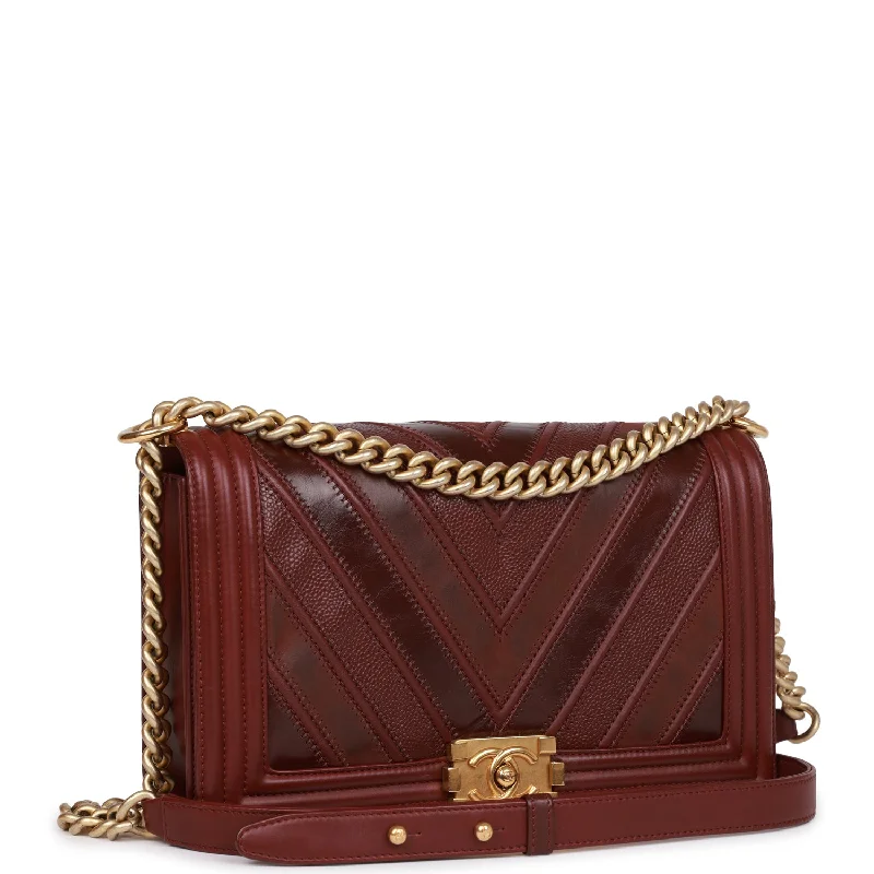 Chanel Designer Handbag with Unique DesignChanel New Medium Boy Bag Burgundy Chevron Antique Gold Hardware