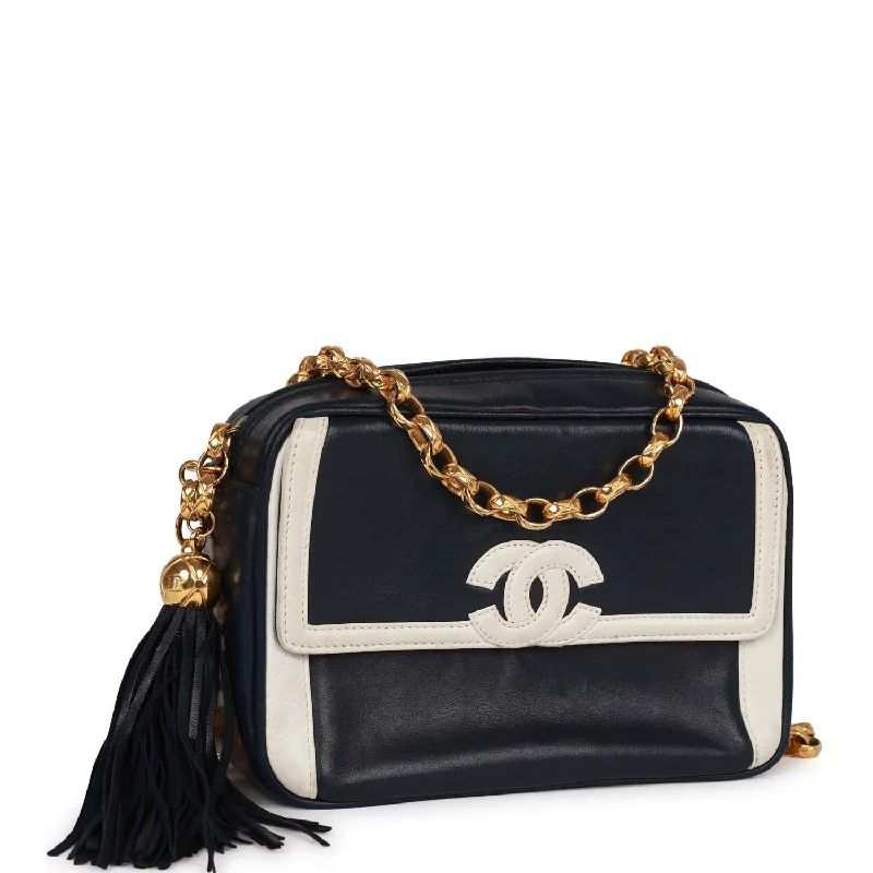 Chanel bags with iconic gold chainsVintage Chanel Fringe Chain Camera Bag Navy and White Lambskin Gold Hardware