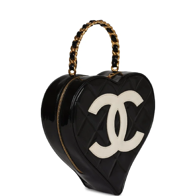 Chanel bags sale 2025Vintage Chanel Heart Vanity Bag Black and White Patent Antique Gold Hardware