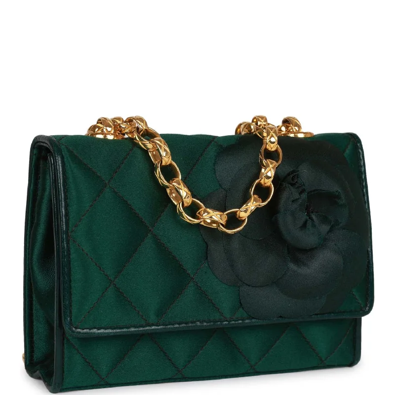 Chanel Luxury Handbag for High - End EventsVintage Chanel Mini Camellia Flap Bag Green Satin Gold Hardware