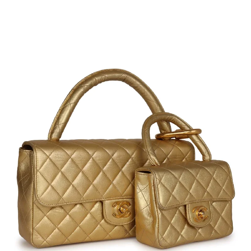 Chanel bags with exclusive seasonal designs and materialsVintage Chanel Kelly Parent and Child Flap Bag Set Gold Metallic Lambskin Gold Hardware