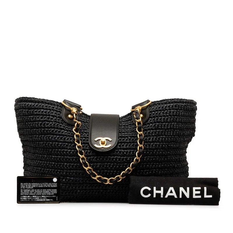 Chanel bags with iconic gold chainsChanel Black Straw Chain Tote Handbag