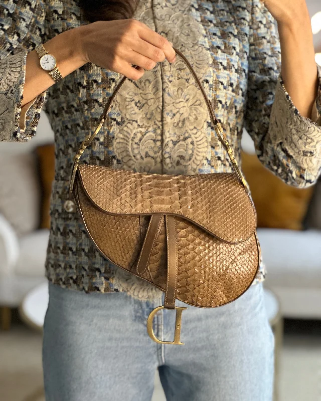 Christian Dior backpacks with a sleek, minimalist silhouetteChristian Dior Brown Python Saddle Bag with Antique Gold Hardware